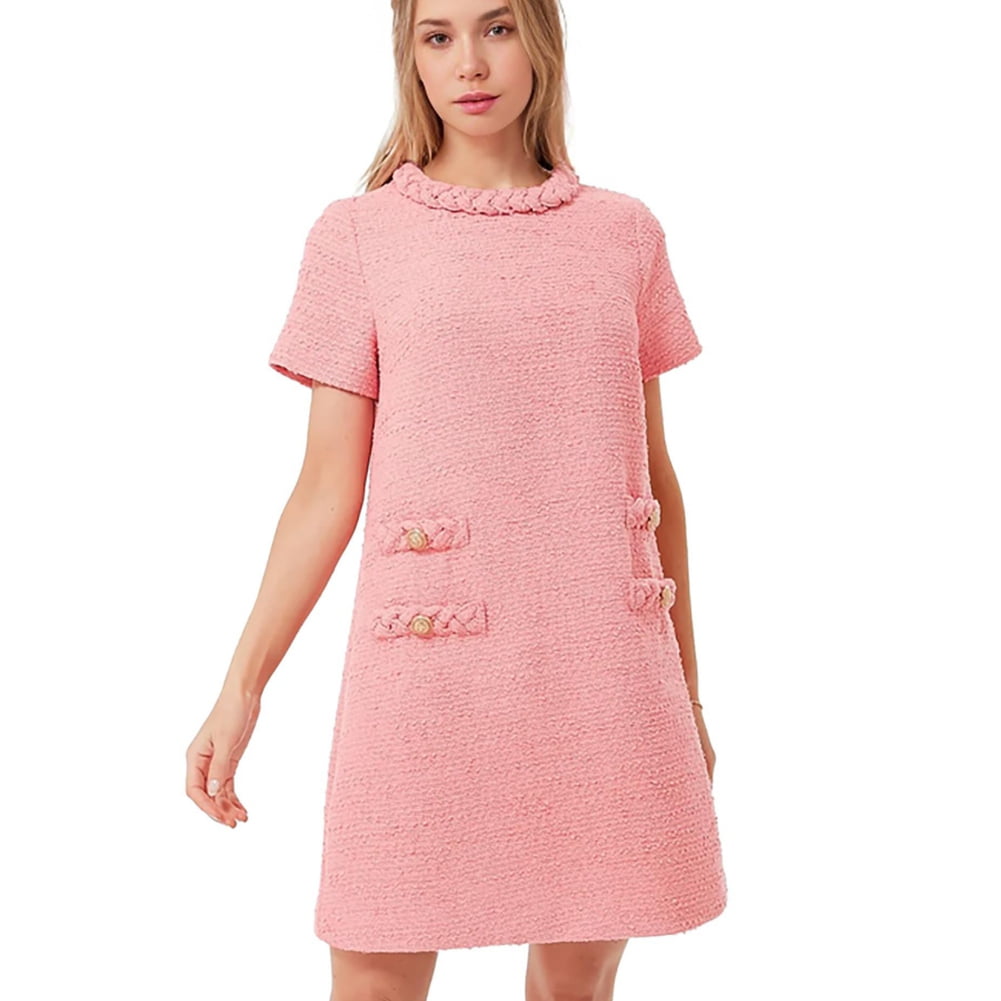 Women'S Tweed Dress Elegant Round Neck Short Sleeve Button Shift Dress — free download