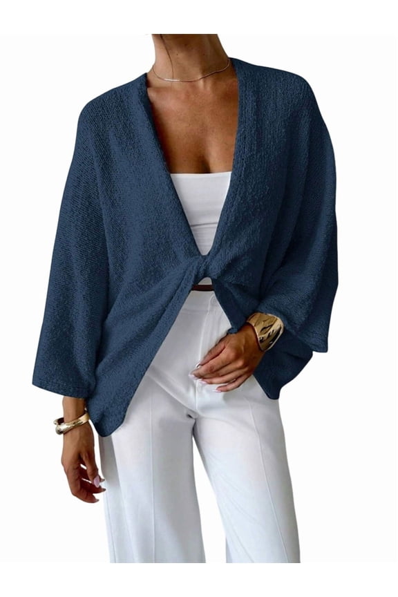 Women'S Twist Front Cropped Crochet Sweater Asymmetrical V Neck Oversized Bat Wing Pullover Knit Tops Blue M