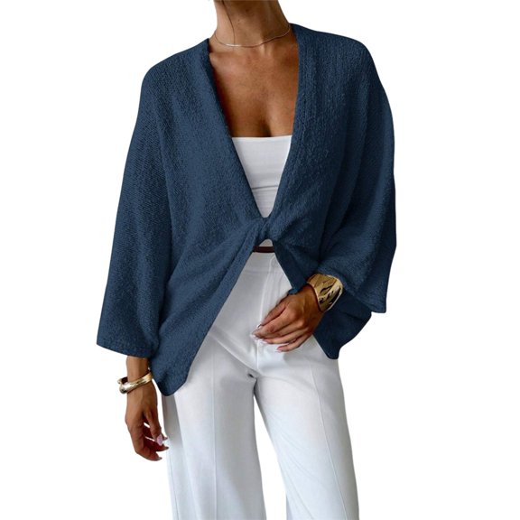 Women'S Twist Front Cropped Crochet Sweater Asymmetrical V Neck Oversized Bat Wing Pullover Knit Tops Blue M