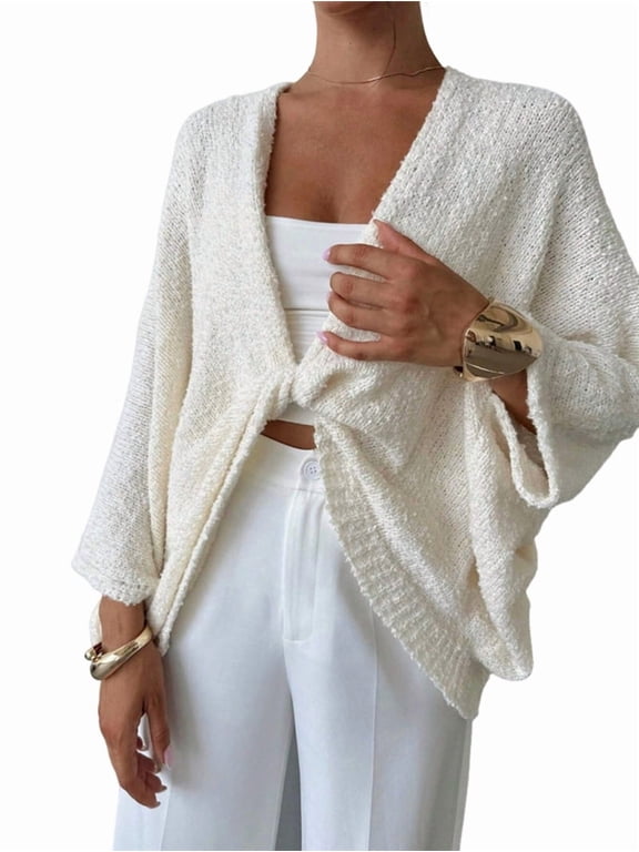 Women'S Twist Front Cropped Crochet Sweater Asymmetrical V Neck Oversized Bat Wing Pullover Knit Tops White L
