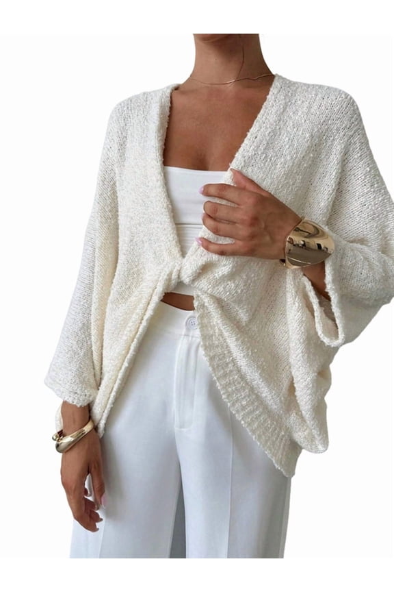 Women'S Twist Front Cropped Crochet Sweater Asymmetrical V Neck Oversized Bat Wing Pullover Knit Tops White S