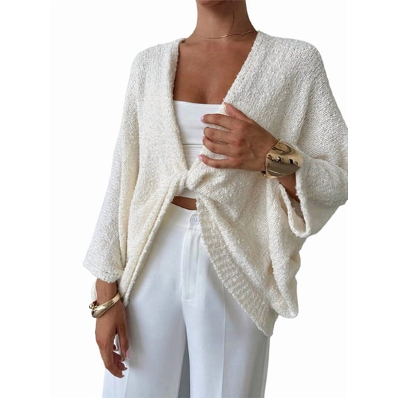 Women'S Twist Front Cropped Crochet Sweater Asymmetrical V Neck Oversized Bat Wing Pullover Knit Tops White S