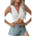 thumbnail image 1 of Women'S Twist Front V Neck Ribbed Knit Sleeveless Sexy- Tank Crop Top White L, 1 of 7