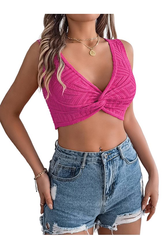 Women'S Twist Front V Neck Ribbed Knit Sleeveless Tank Crop Top Rose Red M