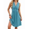 thumbnail image 1 of Women'S Twist Front V Neck Ruffle Summer Dress Elegant Sleeveless Club Party Tunic Bodycon Mini Dresses Lake Blue M, 1 of 10