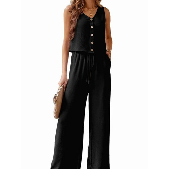 Women'S Two-Piece 2025 Sleeveless Button Top Casual Pocket Wide-Leg Pants Set Black XL