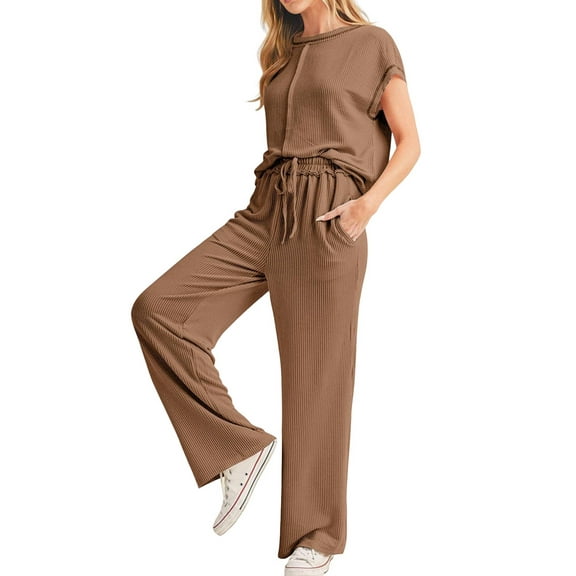 Women'S Two-Piece Casual Ribbed Knit Short-Sleeved Top, Wide-Leg Pants, Home Wear, Travel Sportswear Brown XL
