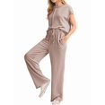 thumbnail image 1 of Women'S Two-Piece Casual Ribbed Knit Short-Sleeved Top, Wide-Leg Pants, Home Wear, Travel Sportswear Khaki L, 1 of 6
