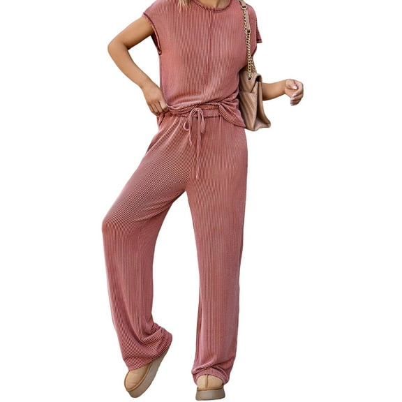 Women'S Two-Piece Casual Ribbed Knit Short-Sleeved Top, Wide-Leg Pants, Home Wear, Travel Sportswear Red L