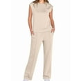 thumbnail image 1 of Women'S Two-Piece Casual Suit, Stand-Up Collar Top, Wide-Leg Pants, Vacation Travel Wear Beige M, 1 of 9