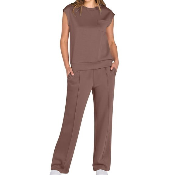 Women'S Two-Piece Casual Suit, Stand-Up Collar Top, Wide-Leg Pants, Vacation Travel Wear Brown XL