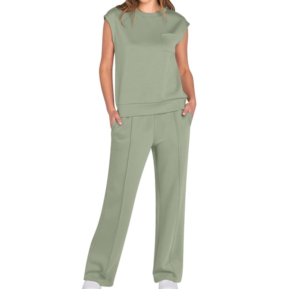 Women'S Two-Piece Casual Suit, Stand-Up Collar Top, Wide-Leg Pants, Vacation Travel Wear Light Green XXL