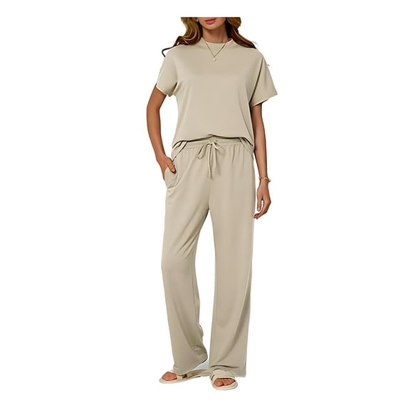 Women'S Two-Piece Casual Suit Travel Sportswear Short-Sleeved Wide-Leg Casual Sports Suit Apricot Suit S