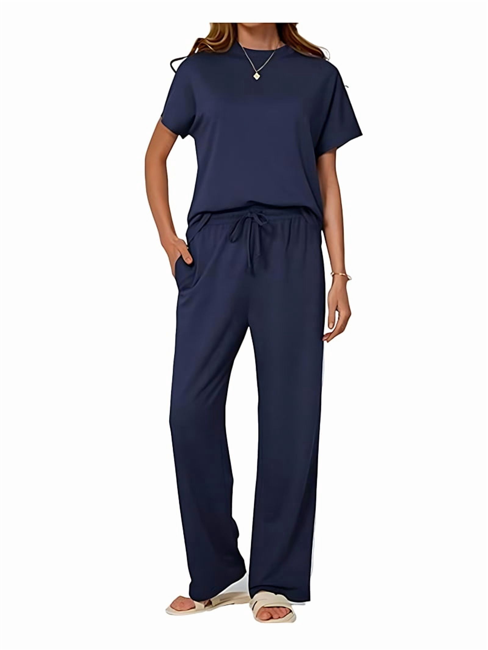 Women'S Two-Piece Casual Suit Travel Sportswear Short-Sleeved Wide-Leg Casual Sports Suit Blue Suit XL