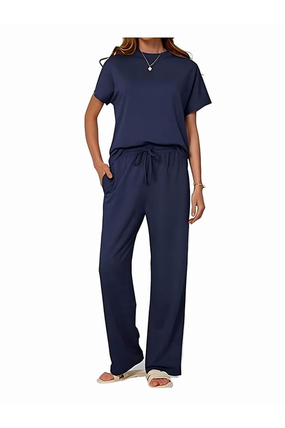 Women'S Two-Piece Casual Suit Travel Sportswear Short-Sleeved Wide-Leg Casual Sports Suit Blue Suit XL