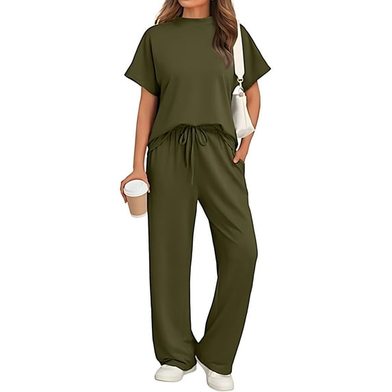 Women'S Two-Piece Casual Suit Travel Sportswear Short-Sleeved Wide-Leg Casual Sports Suit Dark Green Suit M