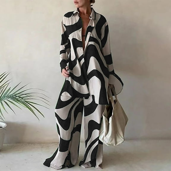 Women'S Two Piece Casual Trend Print Loose Long Sleeve Shirt And Straight Leg Pants Suit Black L