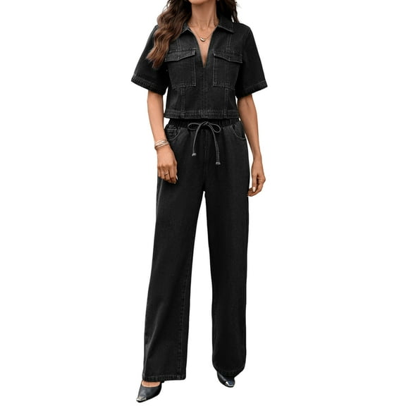 Women'S Two-Piece Denim Suit V-Neck Half-Sleeve Pocket Denim Top Wide-Leg Jeans Black Grey M