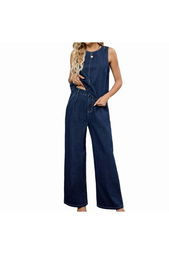 Women's Sleeveless Denim Vest Wide Leg Jeans Two Piece Suit