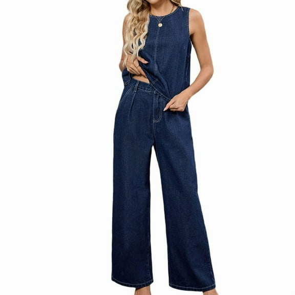 Women's Two Piece Denim Suits Sleeveless Vest Wide Leg Jeans