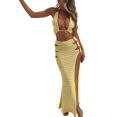 thumbnail image 1 of Women'S Two-Piece Hollow Knit Beach Dress Sun Protection Front Halter Tank Top and Skirt Summer Set Yellow L, 1 of 6