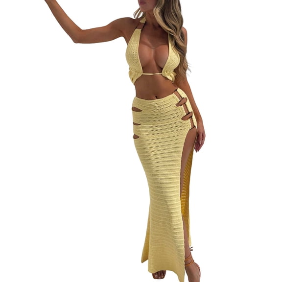 Women'S Two-Piece Hollow Knit Beach Dress Sun Protection Front Halter Tank Top and Skirt Summer Set Yellow M