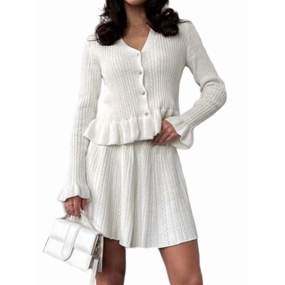 Women'S Two-Piece Knit Set Long Sleeve V-Neck Sweater with Ruffle Hem Mini Skirt Loungewear White M