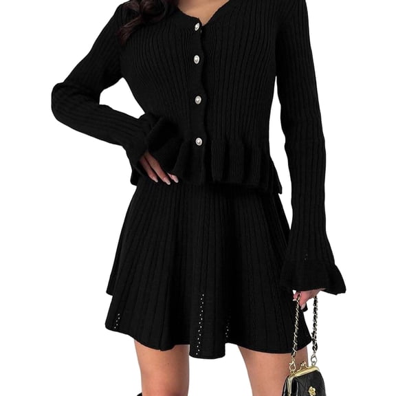 Women'S Two-Piece Knit Set Long Sleeve V-Neck Sweater with Ruffle Hem Mini Skirt Loungewear