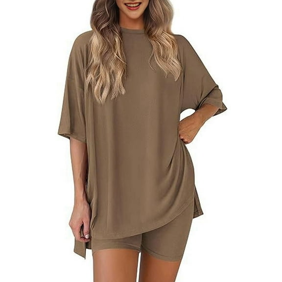 Women'S Two Piece Lounge Set 2025 Summer Casual Oversized Shirts Biker Shorts Brown M