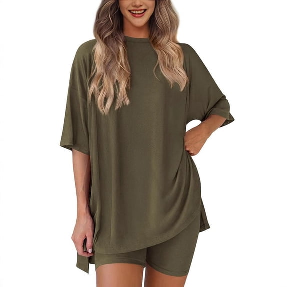 Women'S Two Piece Lounge Set 2025 Summer Casual Oversized Shirts Biker Shorts Green L