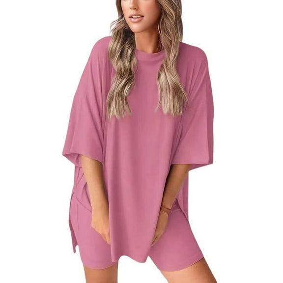 Women'S Two Piece Lounge Set 2025 Summer Casual Oversized Shirts Biker Shorts Pink L
