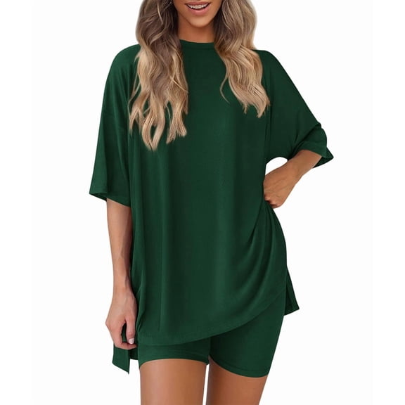 Women'S Two Piece Lounge Set Summer Casual Oversized Shirts Biker Shorts Matching Airport Travel Outfit Dark Green XXL