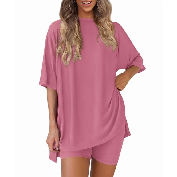 Women'S Two Piece Lounge Set Summer Casual Oversized Shirts Biker Shorts Matching Airport Travel Outfit Pink XXL
