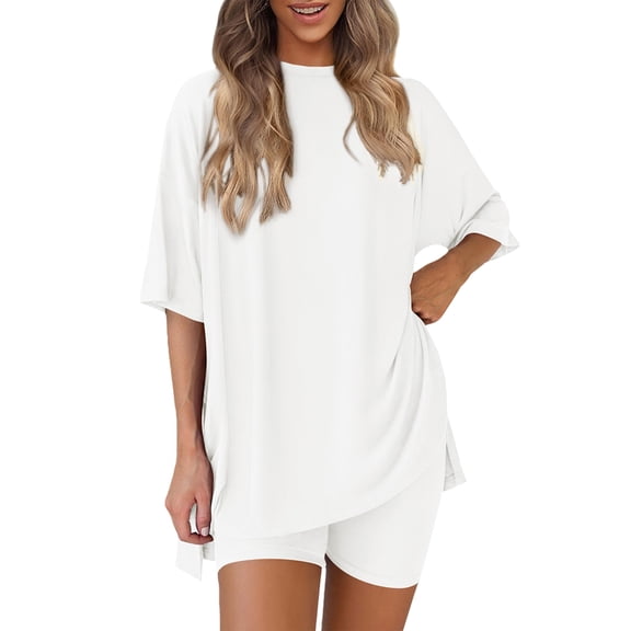 Women'S Two Piece Lounge Set Summer Casual Oversized Shirts Biker Shorts Matching Airport Travel Outfit White M