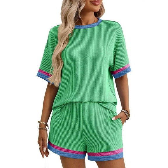 Deliqiba Women'S Two Piece Lounge Sets Casual Short Sleeve Pullover Tops Matching Shorts Loungewear Tracksuit Set Green L