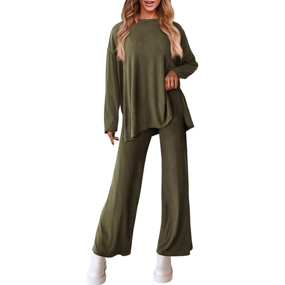 Women'S Two Piece Lounge Sets Matching Long Sleeve Shirts Wide Leg Pants Tracksuits Fall Clothes  Green M