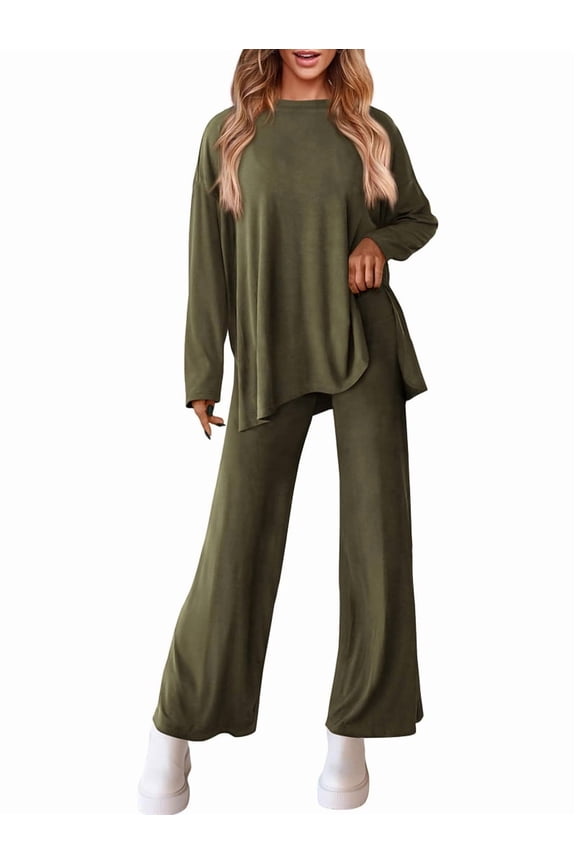 Women'S Two Piece Lounge Sets Matching Long Sleeve Shirts Wide Leg Pants Tracksuits Fall Clothes Green XXL