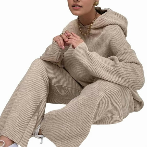 Women'S Two Piece Outfits Casual Knit Hooded Sweater Straight Leg Pants Set Fall Lounge Travel Clothes Apricot S