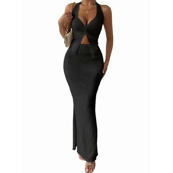 Women'S Two Piece Outfits Twist Front Halter Tops and Skirt Summer Set Black XL