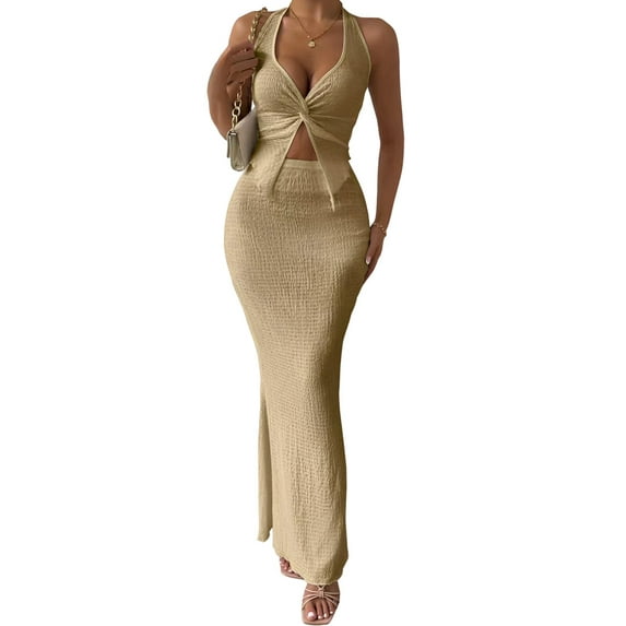 Women'S Two Piece Outfits Twist Front Halter Tops and Skirt Summer Set Khaki M