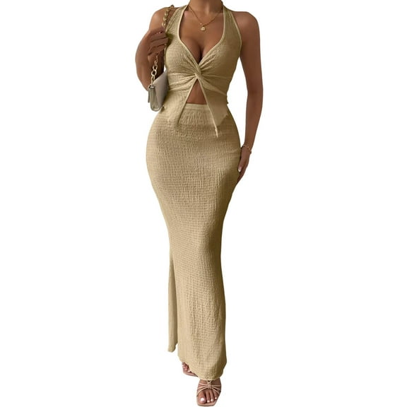Women'S Two Piece Outfits Twist Front Halter Tops and Skirt Summer Set Khaki XS
