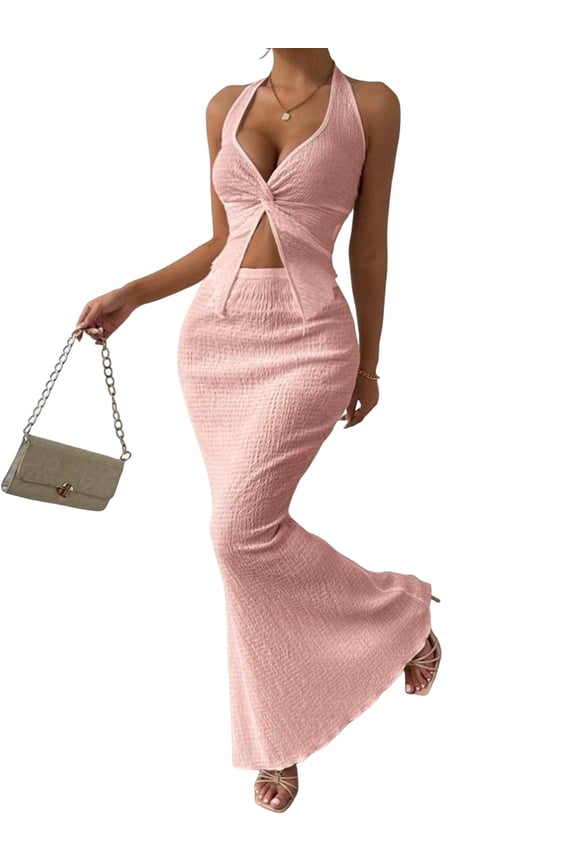 Women'S Two Piece Outfits Twist Front Halter Tops and Skirt Summer Set Pink M