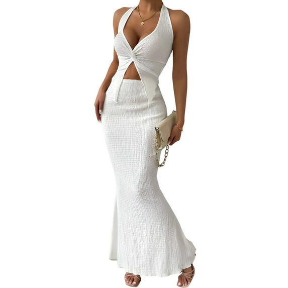 Women'S Two Piece Outfits Twist Front Halter Tops and Skirt Summer Set White S