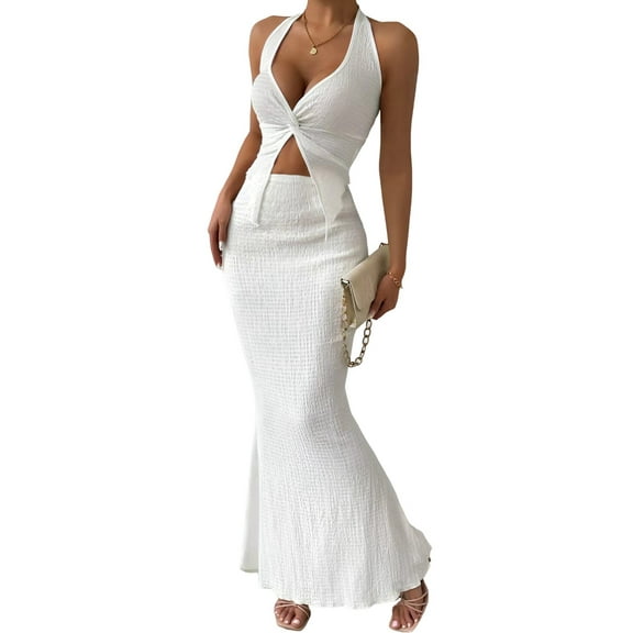Women'S Two Piece Outfits Twist Front Halter Tops and Skirt Summer Set White XS