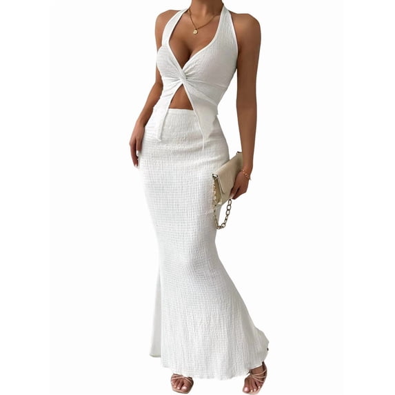 Women'S Two Piece Outfits Twist Front Halter Tops and Skirt Summer Set White XS