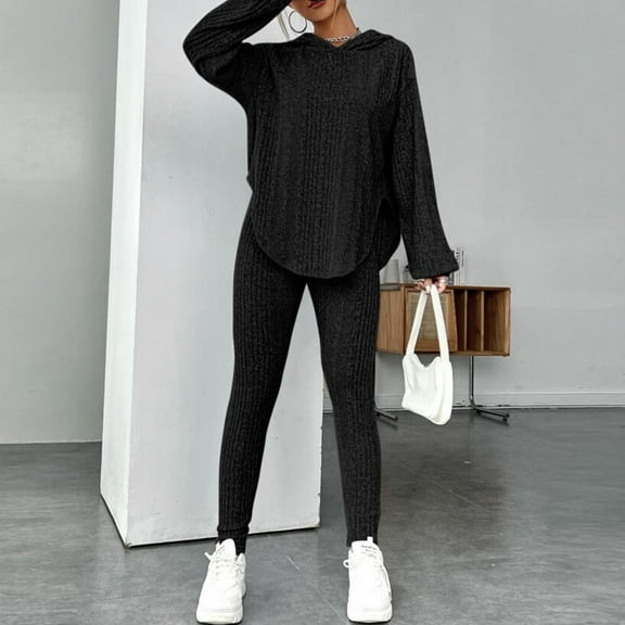 Women'S Two Piece Set Fashionable Solid Color Fall And Winter Comfortable Hooded Long Sleeved And Casual Pants Home Clothing Set Black S