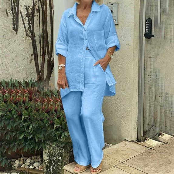 Women'S Two Piece Sets Cotton Linen Solid Turndown Collar Long Sleeve Pullover Shirt Tops And Pants Trousers Set Blue XL