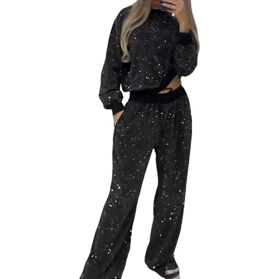 Women'S Two Piece Sets Glitter Star Tops Tee Shirt Pantsuits Concert Rave Outfits Black S