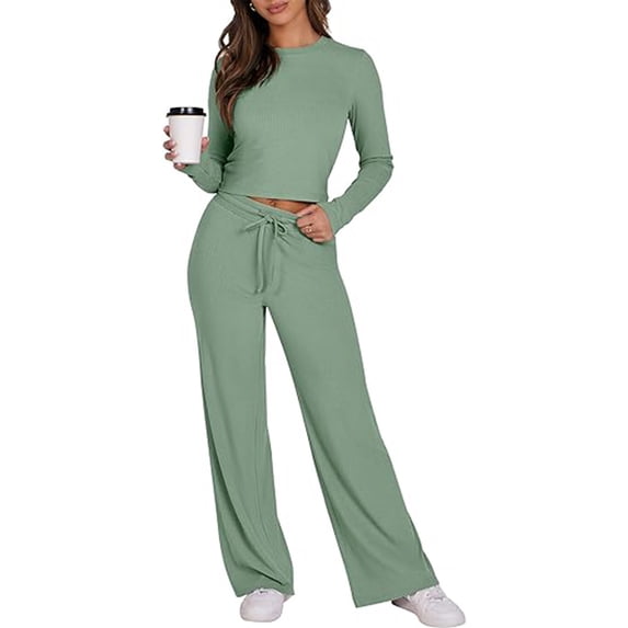 Women'S Two Piece Sets Long Sleeve Crop Tops Flare Pants Ribbed Knit Matching Pajamas Set Fall Outfits Green XXL