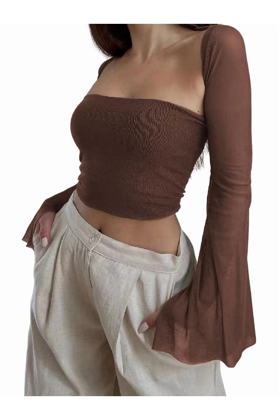 Women'S Two Piece Sets Mesh Long Sleeve Corset Top Trendy Y2K Square Neck Going Out Bustier Crop Shawl Tops Brown L